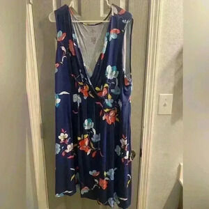 St Johns Bay Women sleeveless floral dress in navy yellow blues orange white 3X